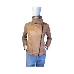 Soia & Kyo Leather Moto Biker Jacket | Cognac Brown | Funnel Collar | Size S